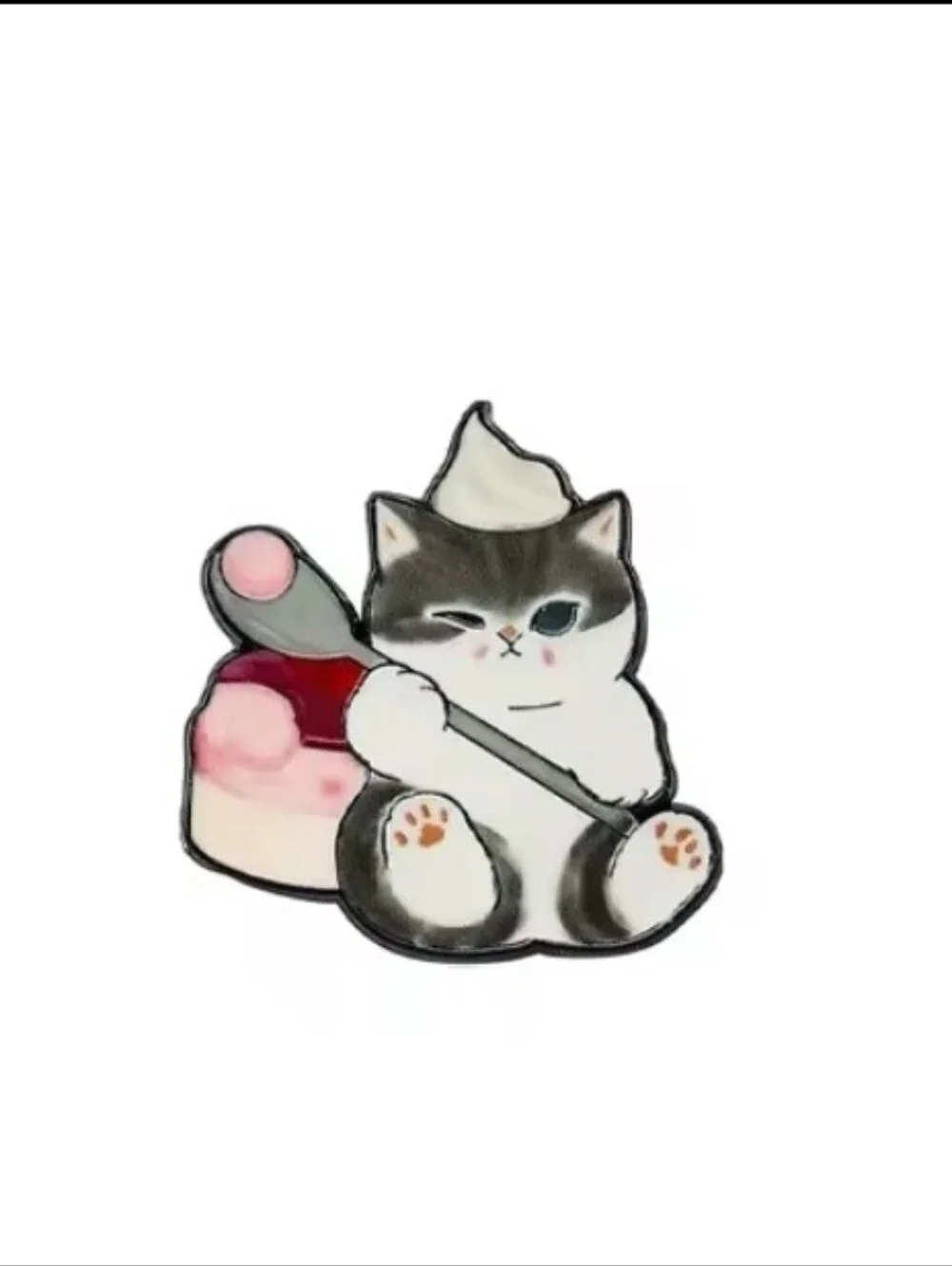 Cute Grey & White Cat Pin with Pink Dessert Accent